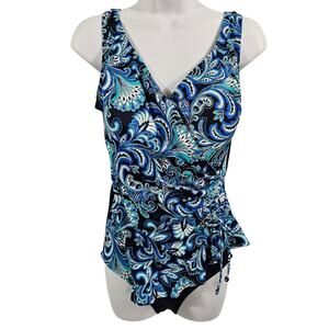 Inches Away Paisley Jewel Ruffle Surplice One-piece Swimsuit Plus Size 18W